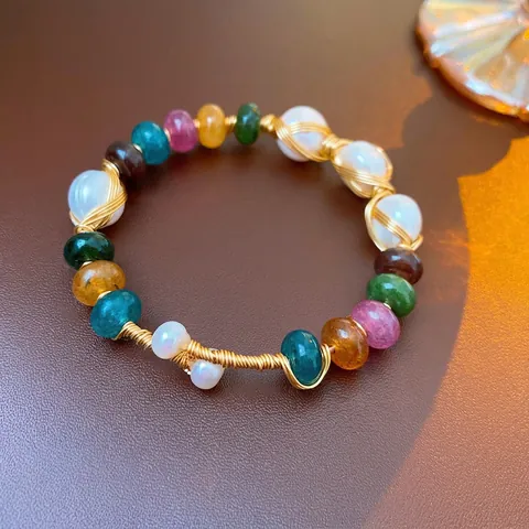 Handgefertigtes Künstliche Barockperlen Buntes Edelstein Manschettenarmband Vintage Golddraht Gewickelter Armreif Für Damen Eleganter Schmuck