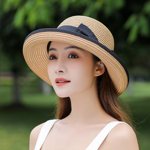 Women Straw Sun Hat Wide Brim Bowknot Ribbon Foldable Summer Beach Protection Elegant Vacation Braid
