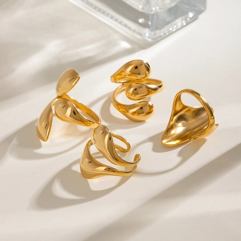 Unregelmäßiger Flüssigmetall Offener Ring Vergoldeter Edelstahl Wassertropfen Geometrisch Minimalistisch Verstellbar Damen