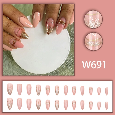 Unghie Finte Press On Mandorla Rosa Pesca Sfumate Glitter Oro Lucide Unghie Artificiali Per Donne