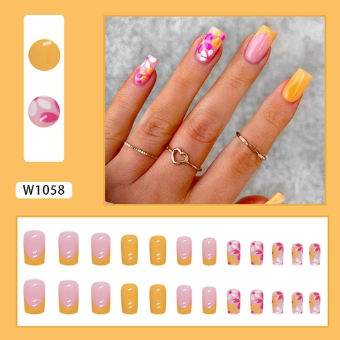 Unghie Finte Stile Francese Quadrate Media Lunghezza Rosa Giallo Floreale Dolce Per Donna
