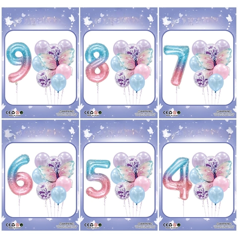 Butterfly Number Balloons Gradient Aluminum Foil Latex Confetti Balloon Kit Birthday Party Decoration For Kids Girls