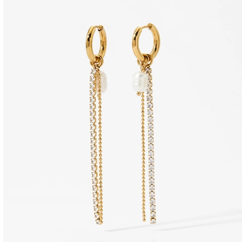 Long Tassel Hoop Earrings Stainless Steel With Artificial Pearl And Zircon Double Layer Linear Chain Fashion Elegant For Women