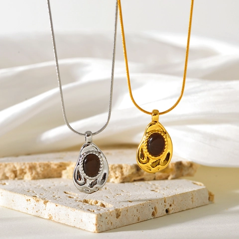 Titanstahl Tigerauge Anhänger Halskette Gold Silber Galvanisiert Wickeldesign Geometrisch Gestreift Schlangenkette Damen Schmuck