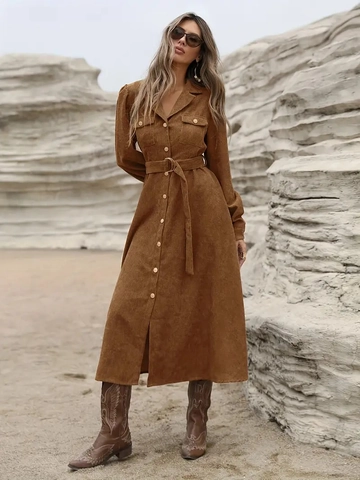 Corduroy Maxi Shirt Dress Long Sleeve Lapel Button Up With Belt Flap Pockets Elegant A-Line Solid Color Commuter For Women