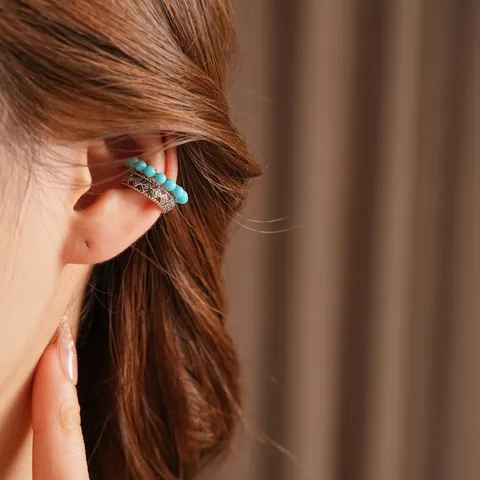 Vintage Hollow Copper Ear Cuff With Turquoise Beads And Zircon Bohemian Retro Double Layer Non Piercing Jewelry Women