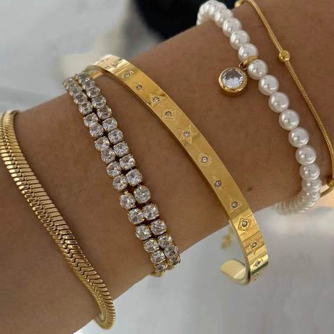 Pulseras Apilables De Acero Inoxidable Para Mujer Con Cadena De Serpiente De Perlas Artificiales De Concha De Circonita Y Brazalete De Estrella