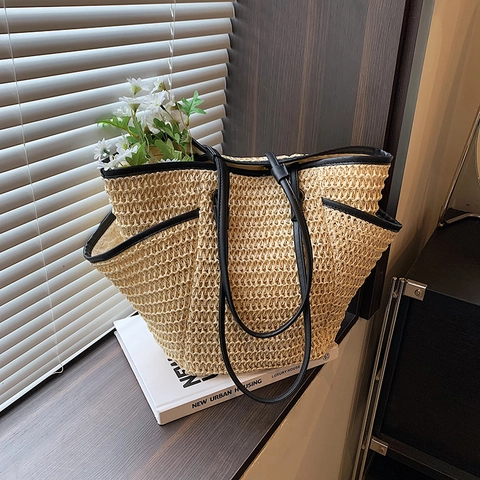 Grande Borsa Tote In Paglia Intrecciata Per Donna Con Finiture In Ecopelle E Cerniera Vacanze Estive Borsa A Spalla Casual