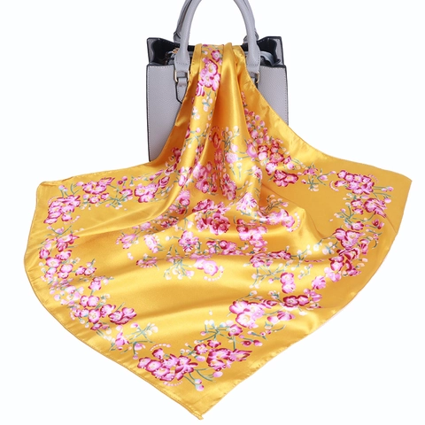 Elegant Square Scarf Satin Polyester Floral Print Neckerchief Headband Accessories Women Fashion Soft Smooth Handkerchief