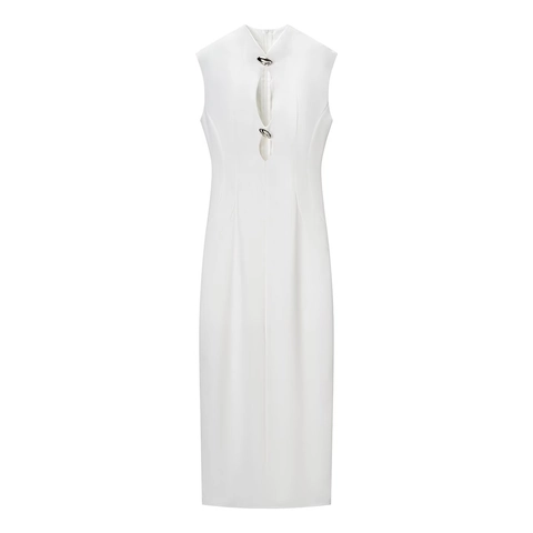 Women Sleeveless Maxi Dress Stretchy Polyester Hollow Out Mock Neck Crystal Metal Buckles Slim Fit Solid Color Party