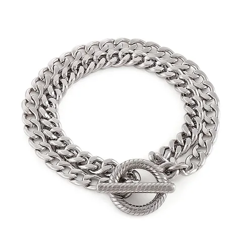 Men Double Layer Chain Bracelet Stainless Steel OT Buckle Punk Industrial Spliced Style Jewelry Gift For Him