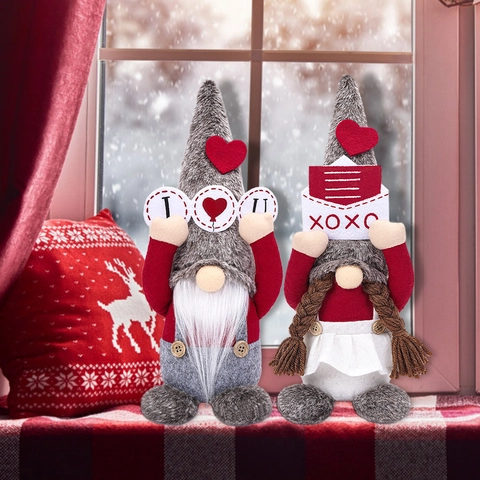 Valentine's Day Gnome Plush Doll Faceless Nordic Dwarf With Heart XOXO Sign Red Grey Elf Ornament For Home Party Table Decor