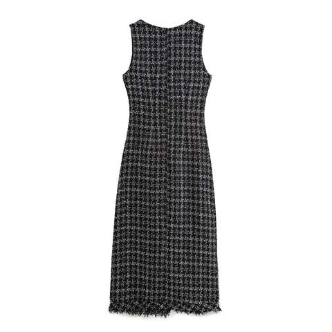 Women Retro French Style Tweed Maxi Dress Sleeveless Square Neck Metal Buttons Fringe Hem Elegant Long Dress