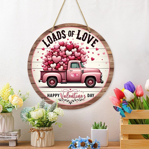 Targa Appesa in Legno per San Valentino Camion Rosa Cuori Loads Of Love Benvenuto Gancio Porta Farmhouse Decorazione Murale Casa