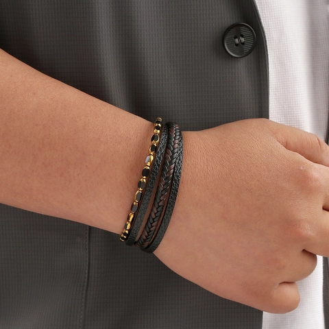Herren Mehrschichtiges Lederarmband Legierung Metall Magnetverschluss Perlen Punk Lässiger Handgefertigter Schmuck