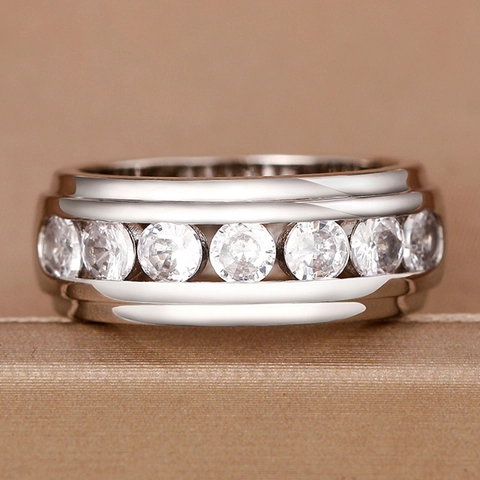 Anillo De Boda Para Hombre De Cobre Con Circón Engaste De Canal Hip Hop Minimalista De Lujo Color Plata Joyería De Moda