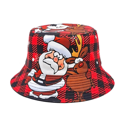 Sombrero de Pescador Estampado de Papá Noel y Reno de Navidad Cuadros Buffalo Rojo Negro Plegable Protección Solar Sombrero Festivo