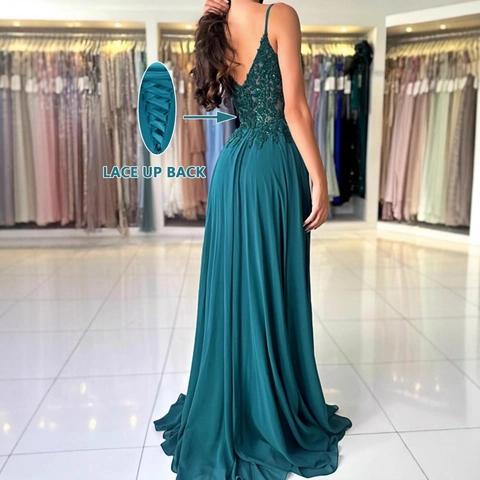 Elegant Evening Gown Lace Sequin V Neck Spaghetti Strap High Split A Line Party Prom Dress For Women