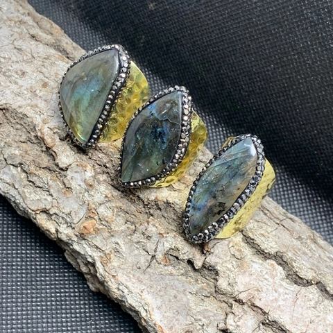 Adjustable Open Ring Irregular Labradorite Hammered Gold Plated Bohemian Vintage Wide Band For Women