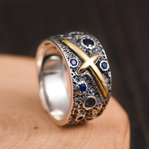 Retro Maankrater Koperen Ring Voor Heren Vintage Geoxideerde Brede Band Verstelbaar Punk Gothic Ster Blauwe Zirkoon