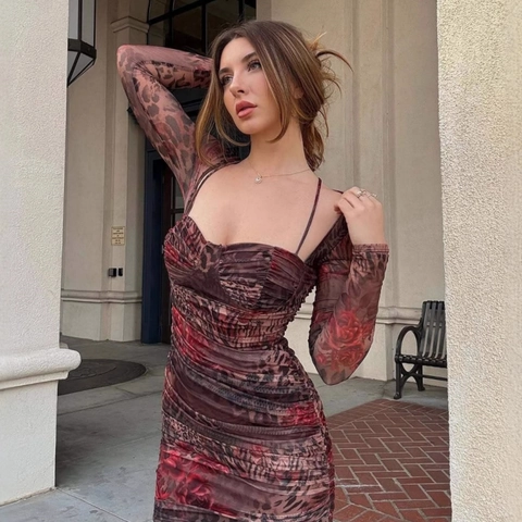 Vestito Mini In Mesh Arricciato Stampa Leopardata Rosa Maniche Lunghe Sexy Bodycon Per Donna