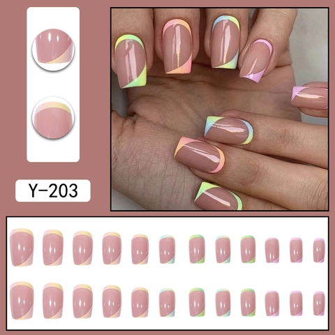 French Press On Nails Short Square Glossy Nude Pink Macaron Rainbow Gradient Artificial False Finger Nails