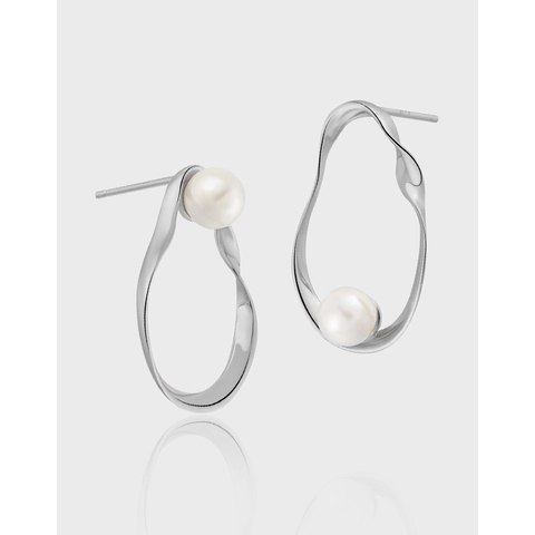 925 Sterling Silver Irregular Hollow Oval Stud Earrings With Artificial Pearl Elegant Minimalist Jewelry For Women