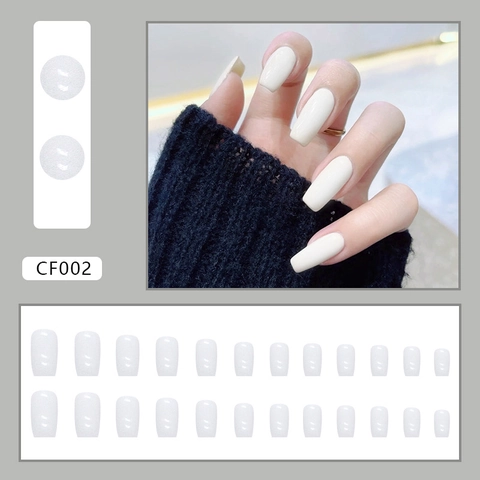 Press On Nails Medium Long Square Coffin Shape Creamy White Glossy Solid Color Simple Wearable Fake Nails For Women
