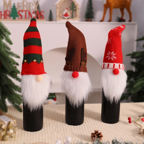 Christmas Gnome Wine Bottle Covers Knitted Fabric Reindeer Snowflake Decor Holiday Party Table Decoration Dinner Gift