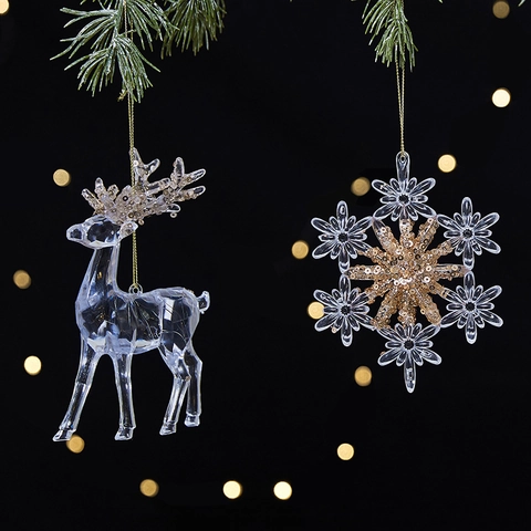 Christmas Tree Hanging Ornaments Acrylic Transparent Sparkling Sequins Reindeer Snowflake Star Butterfly Festive Decor