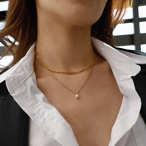 Collana A Strati Acciaio Inossidabile Pendente Perla Artificial Dorato Catena Figaro Clip Gioielli Eleganti Per Donna