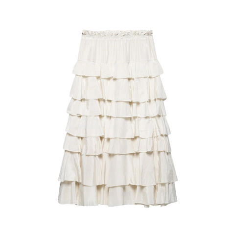 Women Layered Tiered Ruffle Skirt Elastic High Waist Long Cake Skirt Satin Texture Elegant Solid Color Creamy White