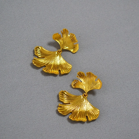 Vintage Brass Ginkgo Leaf Earrings With 925 Sterling Silver Earring Post Gold Plated Irregular Texture Dangle Jewelry For Women
