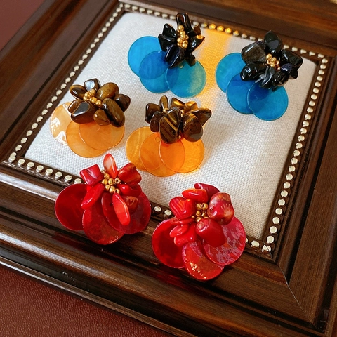 Pendientes De Botón Flor Concha Piedra Ojo De Tigre Poste Plata Estilo Retro Vintage Joyería Para Mujeres