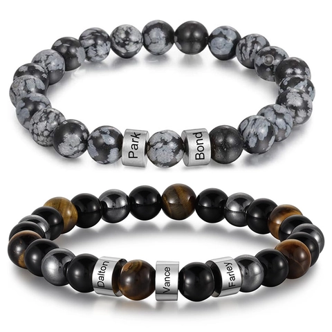 Beaded Bracelet Natural Tiger Eye Obsidian Stone Stainless Steel Cylinders Handmade Retro Jewelry For Men