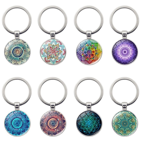 Mandala Bloem Des Levens Sleutelhanger Metaal Glas Cabochon Hanger Boheemse Kunst Sleutelring Voor Auto Tas Decoratief