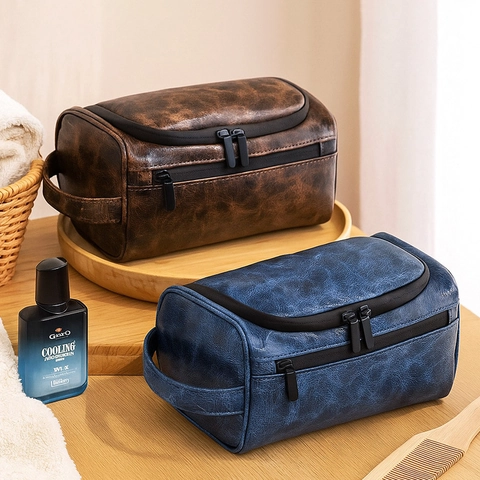 Toiletry Bag For Men PU Leather Waterproof Hanging Travel Wash Bag Business Vintage Shaving Organizer