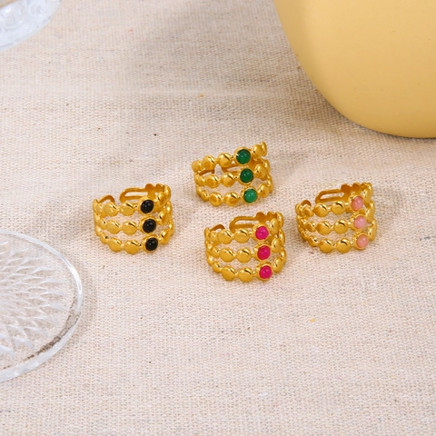Adjustable Open Ring 18K Gold Plated Stainless Steel Natural Stone Layered Beaded Geometric Vintage Jewelry Women