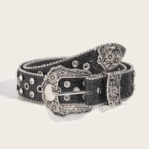 Women American Vintage Rhinestone Belt Subculture Western PU Leather Waist Belt Sparkly Sequin Carved Alloy Buckle Belt