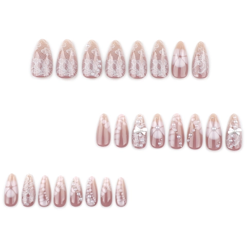 Press On Nägel Lang Mandel Rosa Mit Weißer Spitze Und Dimensionalem Schleifen Dekor Eleganter Süßer Damen Französischer Stil