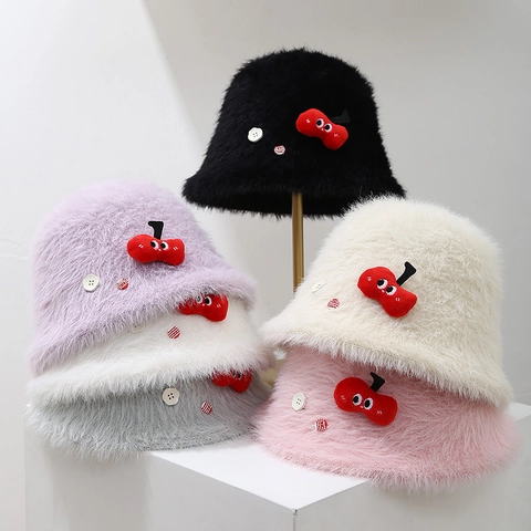 Women's Winter Plush Bucket Hat Warm Faux Fur Basin Hat With Cartoon Cherry And Buttons Korean Style Sweet Fluffy Outdoor Cap