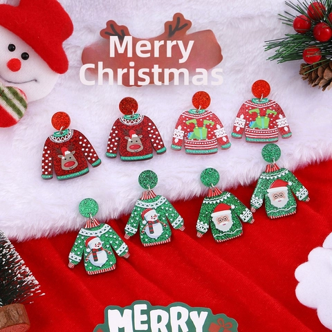 Orecchini In Acrilico Maglione Natalizio Con Glitter Renna Babbo Natale Pupazzo Di Neve Gioielli Per Festa Natale