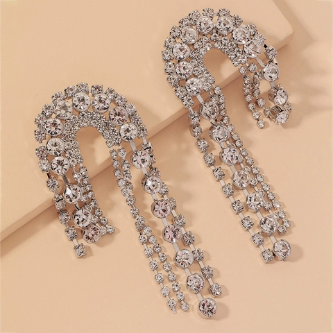 Boucles D'oreilles Surdimensionnées En Forme De U À Franges En Strass Avec Tige En Argent Sterling 925 Mode Luxe Cascade Pour Femmes