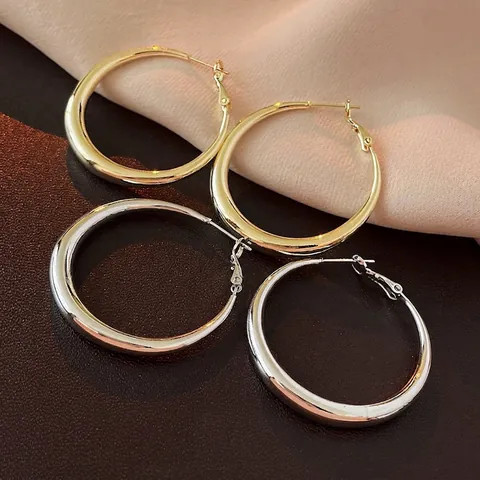 Geometrische Klobige Creolen Für Damen Mit 925 Sterling Silber Ohrstecker Kupfer Hochglanzpoliert Glatt Chic Minimalistisch
