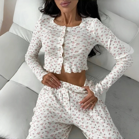 Dames Pyjama Top En Broek Bloemen Strikken Katoen Polyester Ribgebreid Cardigan Lange Mouwen Loungewear Home Wear