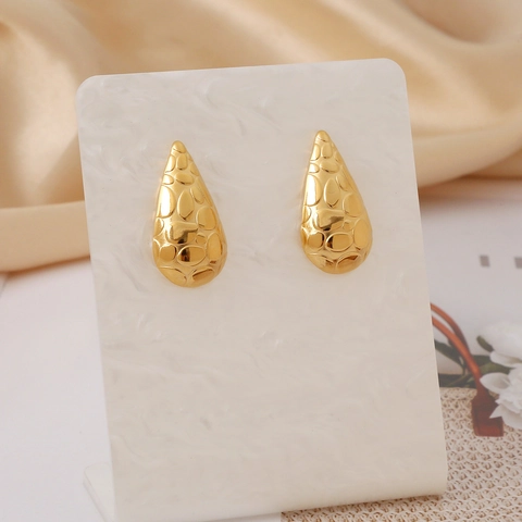 Orecchini A Goccia Acciaio Inossidabile Placcato Oro 18K Texture Martellata Vintage Retro Gioielli Moda Donna