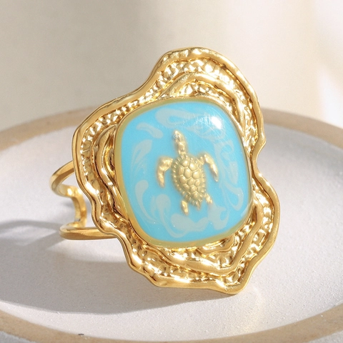 Anello Aperto Tartaruga Marina Placcato Oro 18K Acciaio Inossidabile Smalto Blu Stile Oceano Vintage Gioielli Regolabili Donna