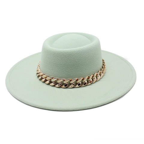 Boater Hat Woolen Felt Wide Brim Flat Top With Thick Gold Chain Decoration Vintage Fedora For Women Men Autumn Winter