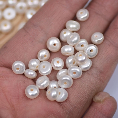 Perle Sciolte di Perla d'Acqua Dolce Bianca Naturale Tonda Piatta Abaco Con Foro Grande per Creazione di Gioielli DIY Bracciale Collana
