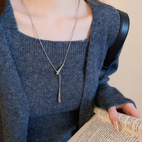 Teardrop Pendant Lariat Necklace Metallic Copper Alloy Snake Chain Minimalist Long Sweater Chain Versatile Jewelry Women